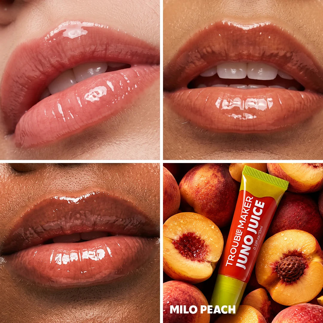 Trouble Maker Juno Juice Lipgloss Milo Peach 4pc Set + 1 Full Size Product Worth 25% Value Free