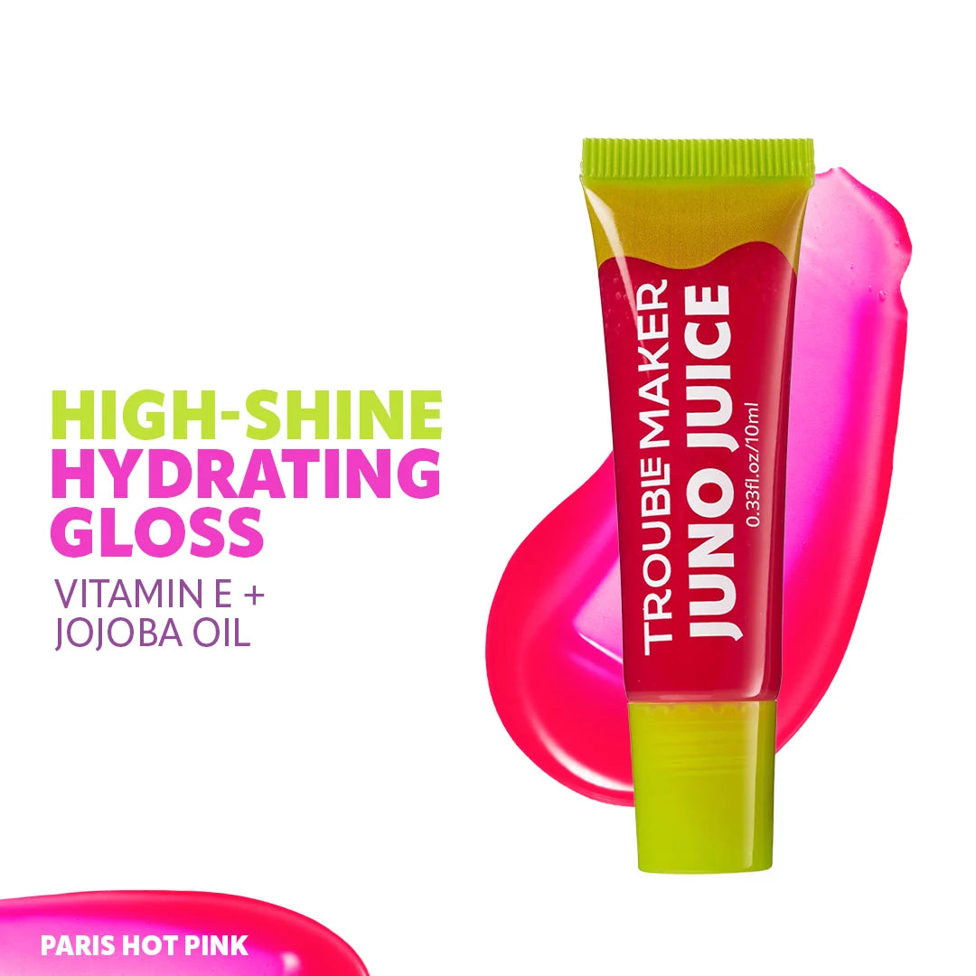 Trouble Maker Juno Juice Lipgloss Paris Hot Pink 4pc Set + 1 Full Size Product Worth 25% Value Free