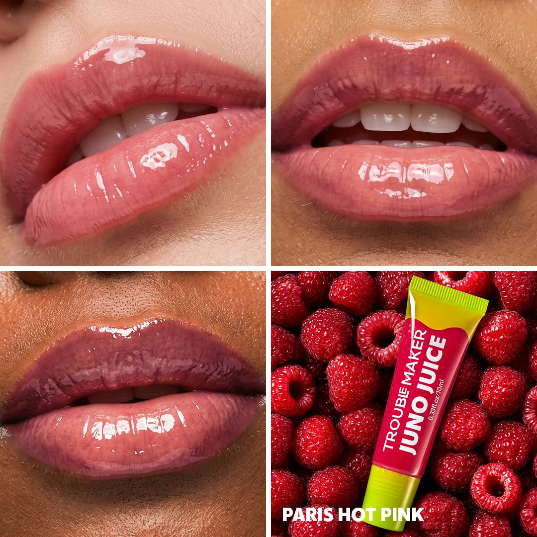 Trouble Maker Juno Juice Lipgloss Paris Hot Pink 4pc Set + 1 Full Size Product Worth 25% Value Free