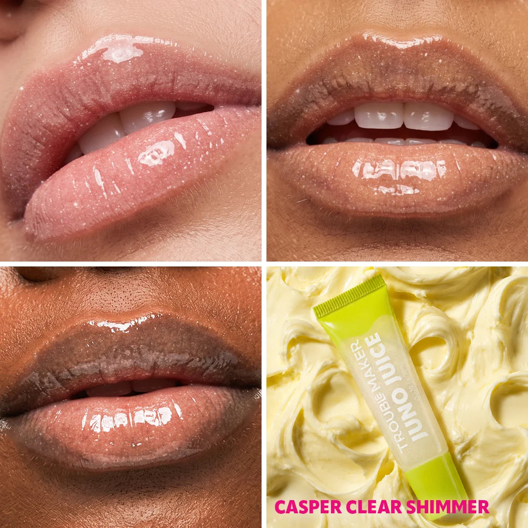 Trouble Maker Juno Juice Lipgloss Casper Clear Shimmer 4pc Set + 1 Full Size Product Worth 25% Value Free