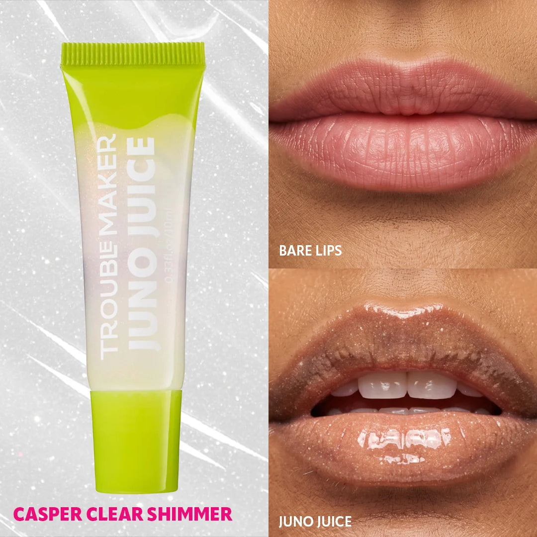 Trouble Maker Juno Juice Lipgloss Casper Clear Shimmer 4pc Set + 1 Full Size Product Worth 25% Value Free