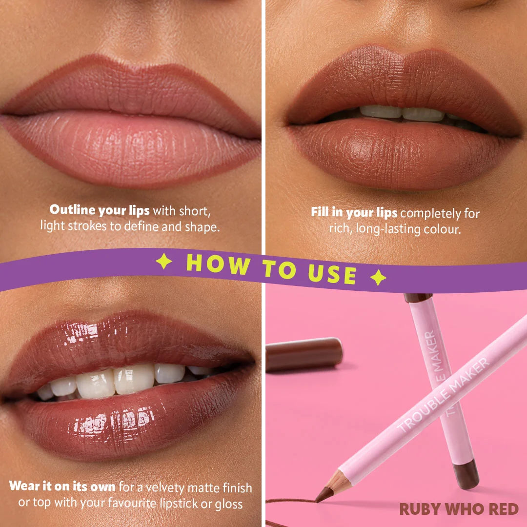 Trouble Maker Overdo It Lip Liner Pencil Ruby Who Red 4pc Set + 1 Full Size Product Worth 25% Value Free