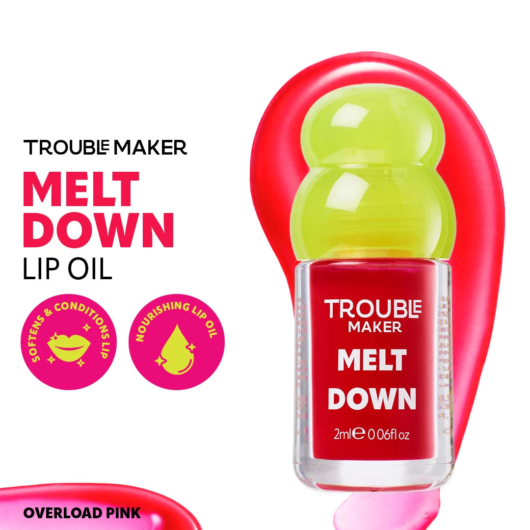 Trouble Maker Melt Down Lip Oil Overload Pink 4pc Set + 1 Full Size Product Worth 25% Value Free