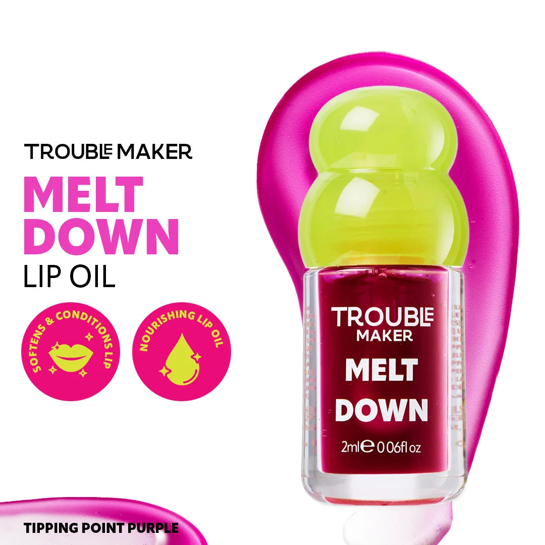 Trouble Maker Melt Down Lip Oil Tipping Point Purple 4pc Set + 1 Full Size Product Worth 25% Value Free