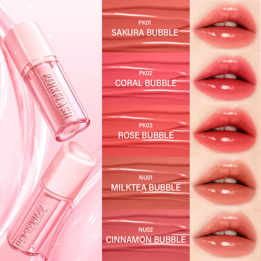 Pinkflash Watery Transferproof Lip Cream-PK03 Rose Bubble 4pc Set + 1 Full Size Product Worth 25% Value Free