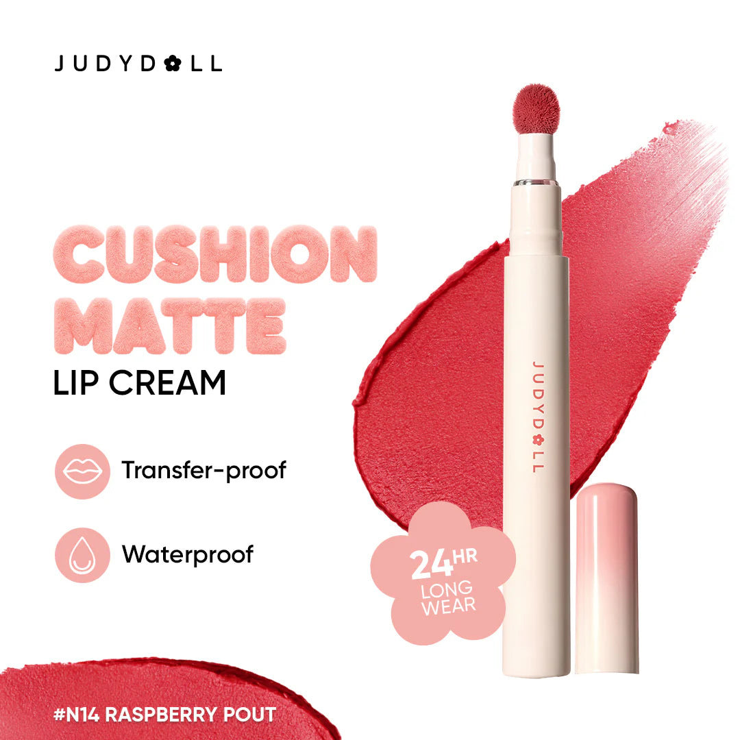 Judydoll Cushion Matte Lock Up Cream N14 Raspberry Pout 4pc Set + 1 Full Size Product Worth 25% Value Free
