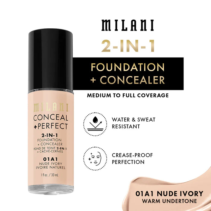 Milani Conceal + Perfect 2-in-1 Foundation + Concealer - Nude Ivory 4pc Set + 1 Full Size Product Worth 25% Value Free