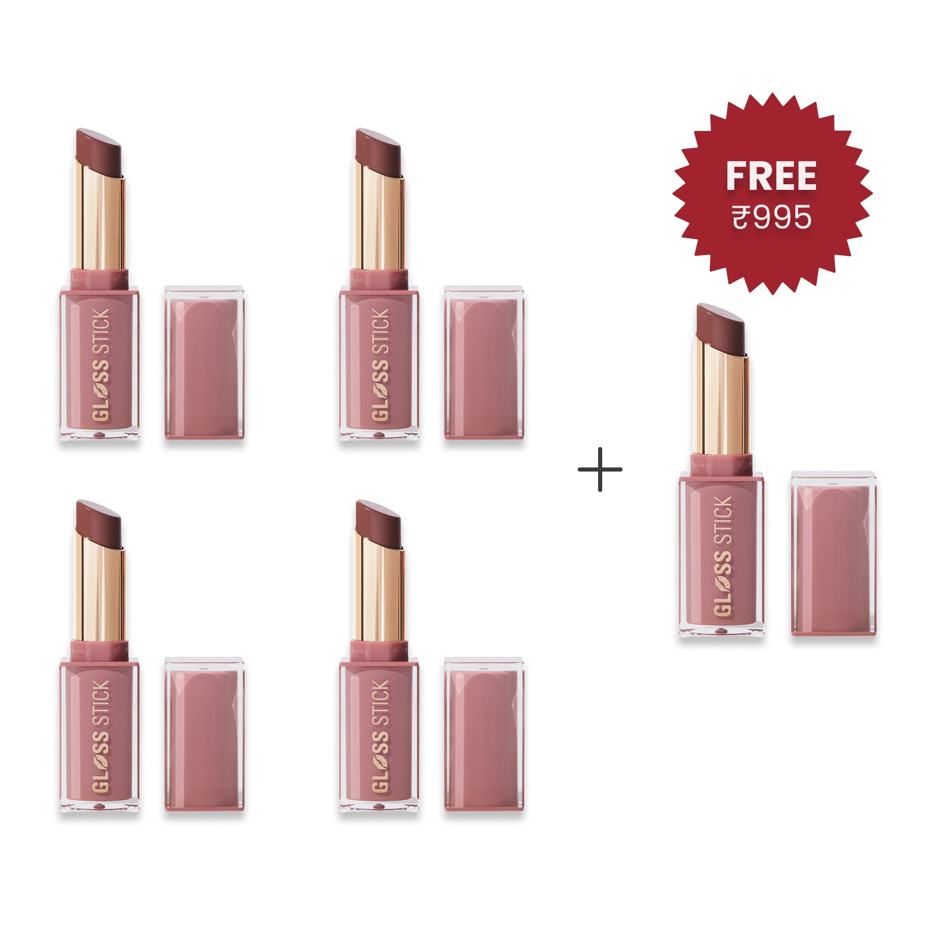 Makeup Revolution Pout Lip Gloss Stick Creme Brulee Mauve 4pc Set + 1 Full Size Product Worth 25% Value Free
