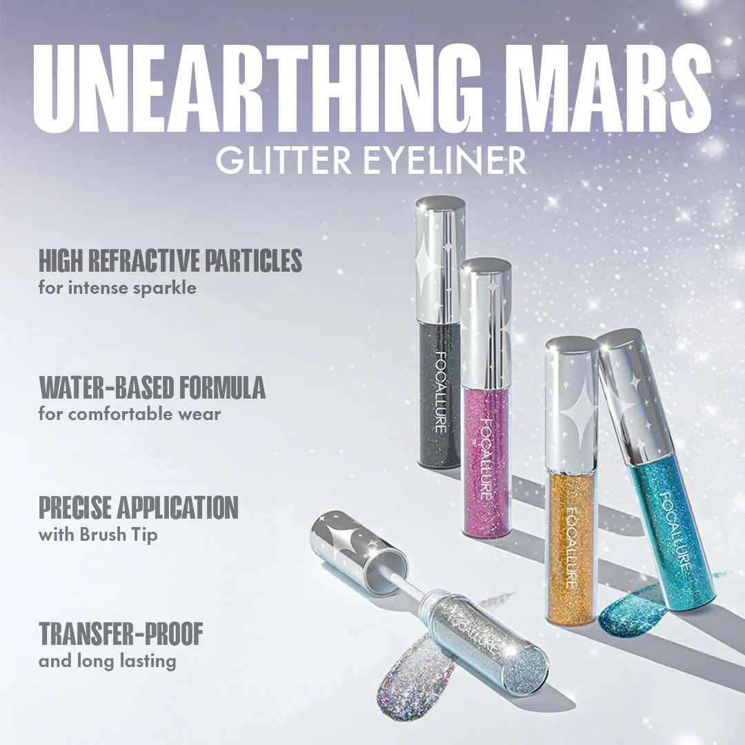 Focallure Unearthing Mars Glitter Eyeliner #BL03 Neon Waves 4pc Set + 1 Full Size Product Worth 25% Value Free