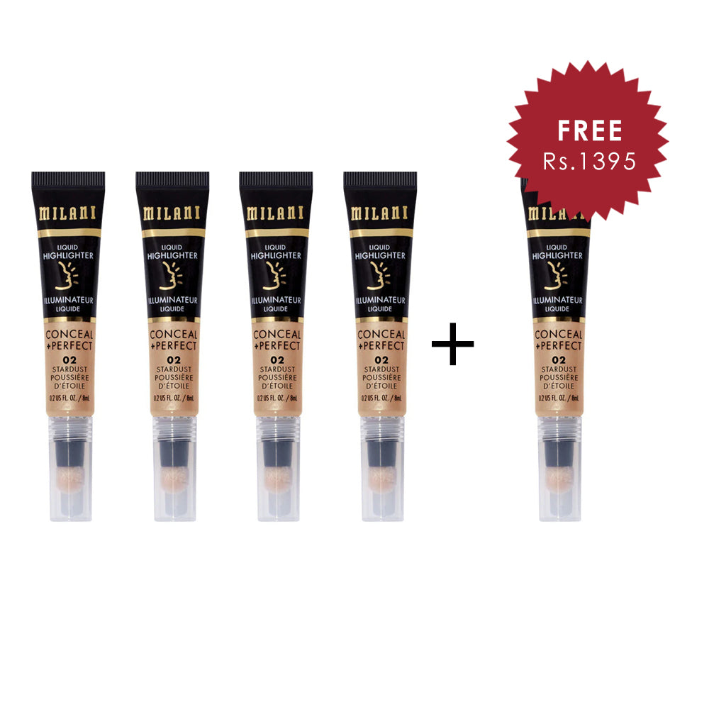 Milani Conceal + Perfect Liquid Highlighter-02 Stardust 4pc Set + 1 Full Size Product Worth 25% Value Free