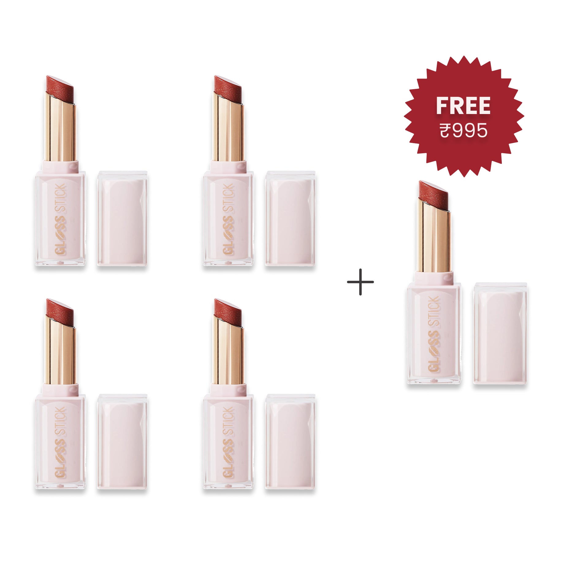 Makeup Revolution Pout Lip Gloss Stick Shimmer Sugar Cookie Pink 4pc Set + 1 Full Size Product Worth 25% Value Free