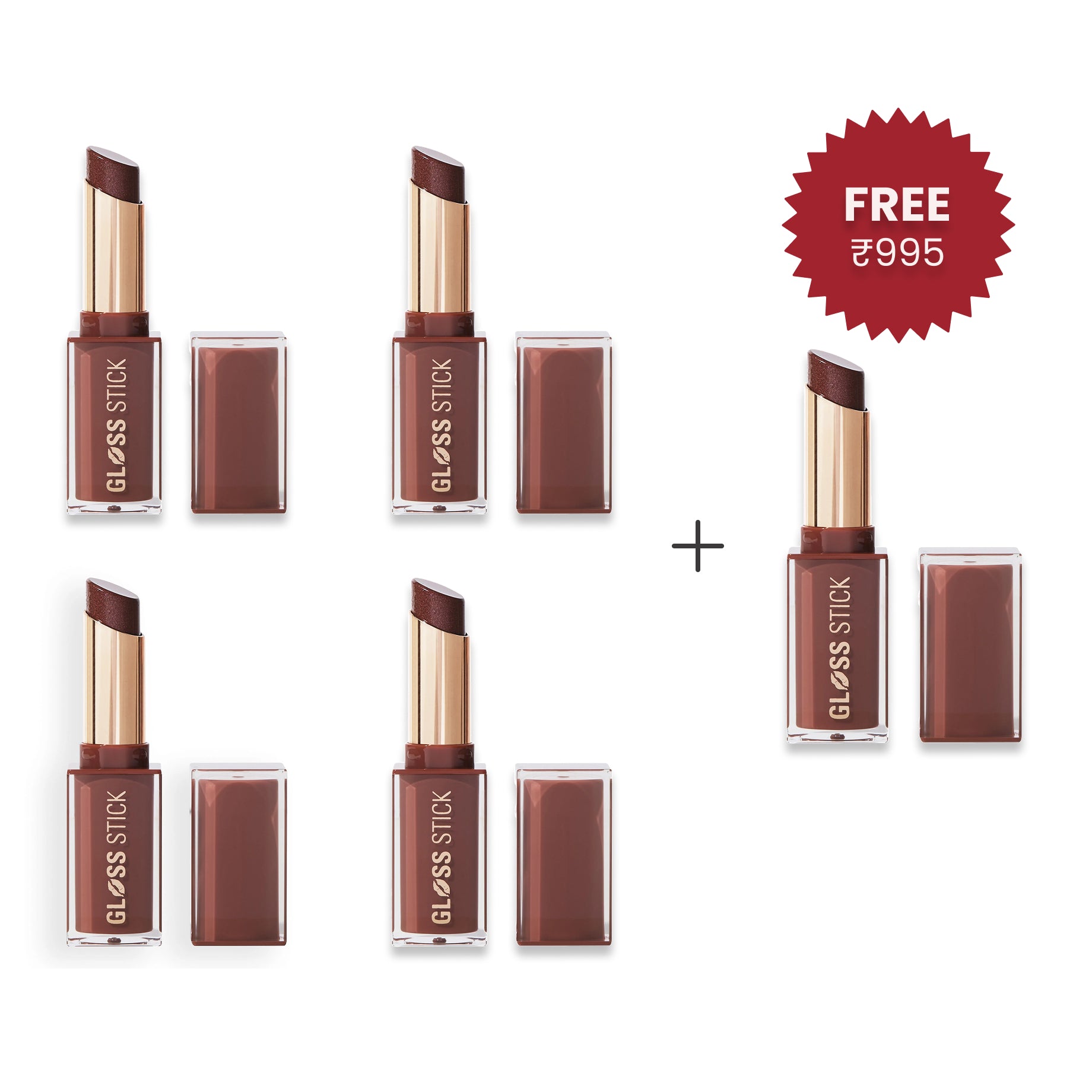 Makeup Revolution Pout Lip Gloss Stick Shimmer Toasted Caramel 4pc Set + 1 Full Size Product Worth 25% Value Free