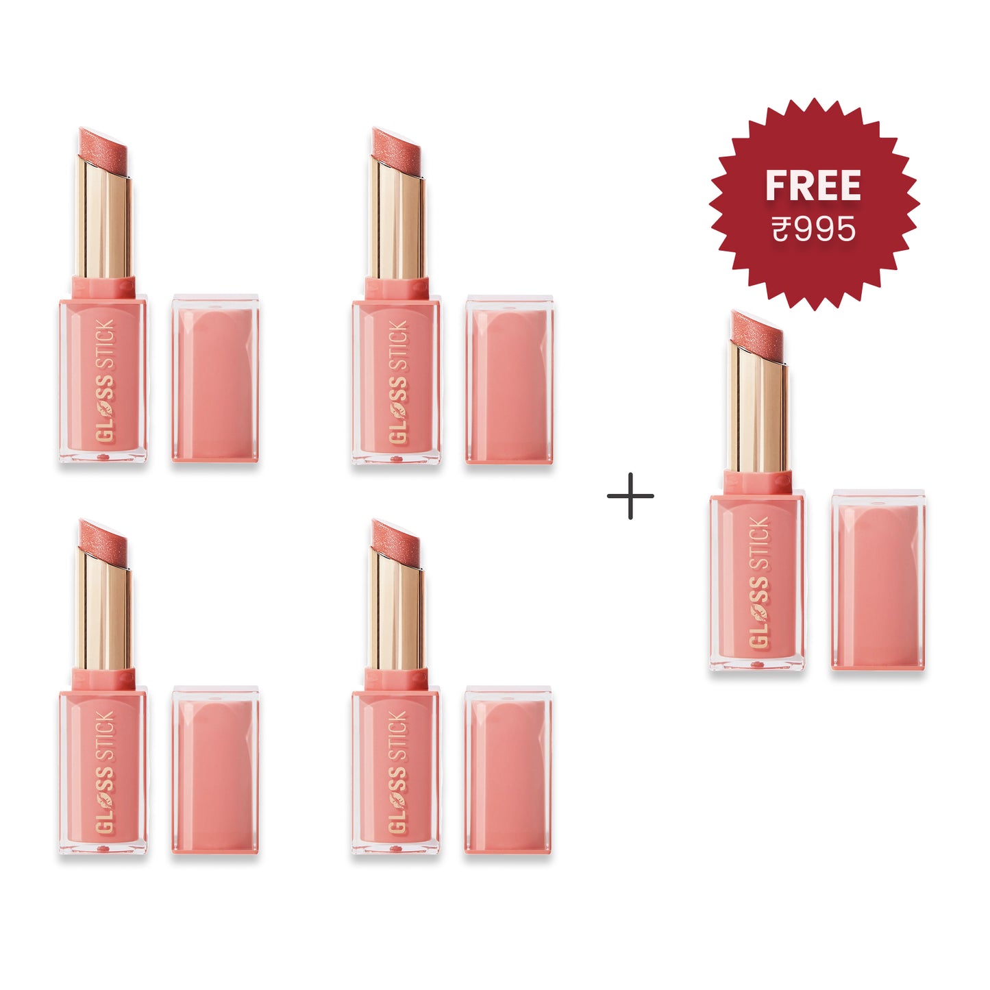 Makeup Revolution Pout Lip Gloss Stick Shimmer Peach Sorbet Nude 4pc Set + 1 Full Size Product Worth 25% Value Free